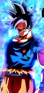 Epic anime warrior with energy aura in blue-themed dynamic art.