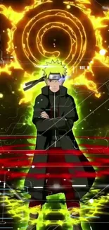 Anime warrior in black coat glowing with neon yellow energy.