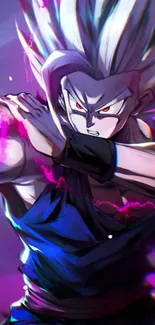 Anime warrior striking a dynamic pose with vibrant purple hues.