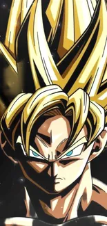 Anime warrior with golden hair and intense gaze on a dynamic background.