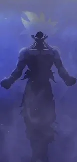 Silhouette of an anime warrior in blue smoke background.