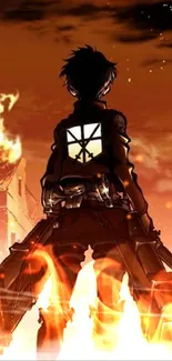 Anime warrior silhouette in fiery urban landscape.