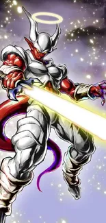 Anime warrior with glowing sword in cosmic setting.