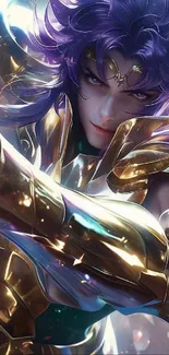 Anime warrior in golden armor mobile wallpaper.