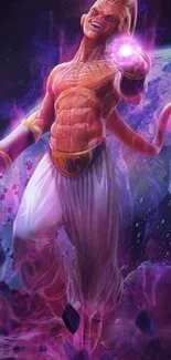 Epic anime warrior with cosmic background in purple hues.