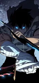 Epic anime warrior with glowing blue eyes and sword, dark background.