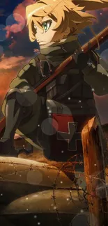 Anime warrior with rifle at sunset in dynamic pose.