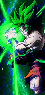 Anime warrior channeling vibrant green energy in action.