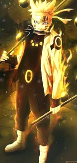 Epic anime warrior in fiery orange with glowing orbs.