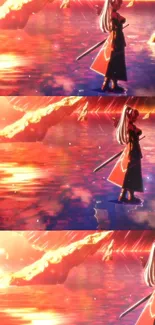 Anime samurai warrior against a fiery sunset over water.