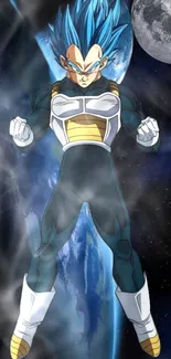 Epic anime character with blue hair in a dynamic pose with a cosmic background.