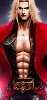 Epic anime warrior with red cloak and muscular build in striking pose.