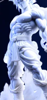 Anime warrior illuminated in white against dark blue background.