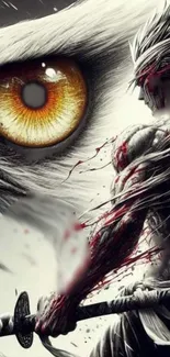 Epic anime warrior facing the eye of an eagle with intense contrast.