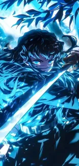 Epic anime warrior with a glowing sword in blue tones.