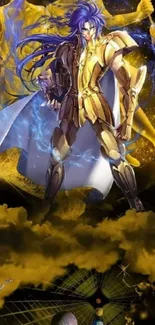 Epic anime warrior in golden armor with cosmic background.