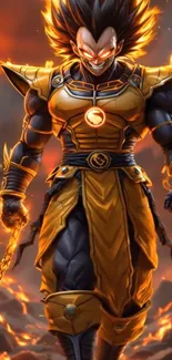 Fierce anime warrior in golden armor with fiery background.