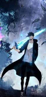 Anime warrior with glowing sword in stormy forest.