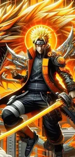 Anime warrior with dragon in vibrant orange.