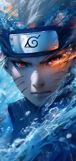 Epic anime warrior with blue water scene.