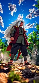Anime warrior in a vibrant forest with a striking pose.