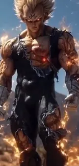 Anime warrior with fiery energy and battle-worn attire.