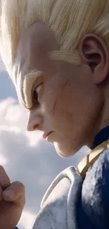 Epic anime warrior in a dramatic pose with a cloudy background.