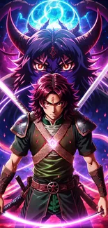 Epic anime warrior with mystical glow and swords, facing a dark creature.