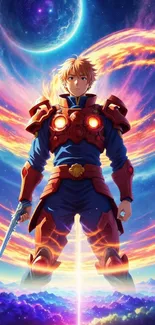 Epic anime warrior with fiery cosmic backdrop in vivid colors.