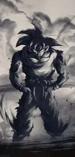 Grayscale anime warrior in power pose with dynamic brush strokes.