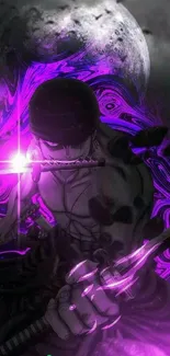 Epic anime warrior with purple energy and a celestial background.