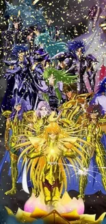 Anime warriors in golden armor with vibrant and colorful background.