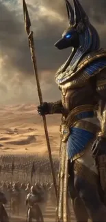 Anubis stands majestically in a desert landscape with a spear.