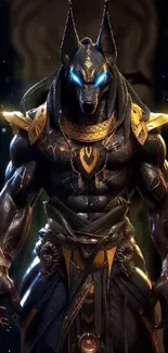 Epic Anubis warrior with blue eyes and gold armor in a mystical setting.