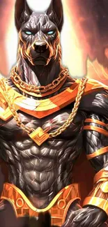 Epic digital artwork of Anubis warrior with glowing orange elements.