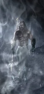 Epic aquatic warrior stands with a trident in a stormy scene.