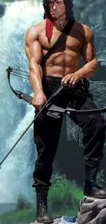 Muscular archer stands boldly with crossbow in front of a waterfall.