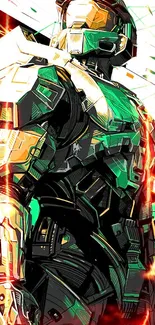 Futuristic warrior in green armor art design