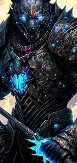 Armored beast warrior with glowing blue accents in fantasy wallpaper.