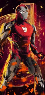 Iron Man in red armor with vibrant background.