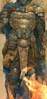 Epic armored knight in fantasy setting with gold and blue details.