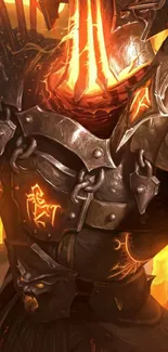 Epic fantasy armored warrior with glowing flames.