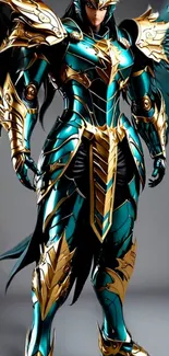 Epic warrior in teal and gold armor with wings.