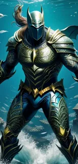 Epic warrior in detailed armor with a vibrant aquatic background.