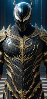 Epic warrior with ornate gold armor on dark background.