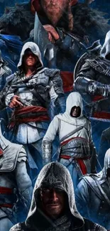 Epic collage of iconic Assassin's Creed characters on a dark blue background.