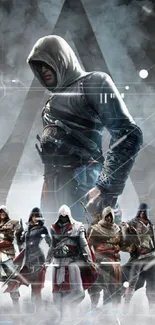 Epic assassin adventure wallpaper with iconic hooded figures in mystical smoke.