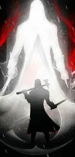 Epic assassin-themed wallpaper with dynamic silhouette and red accents.