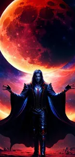 Epic fantasy warrior beneath a fiery red moon wallpaper.