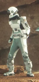 Astronaut in futuristic suit on rugged terrain.